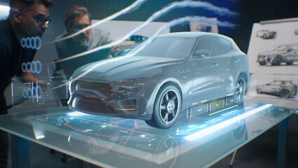 Car design engineers using holographic app in digital tablet. Develop modern innovative high-tech...