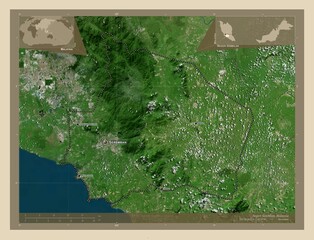 Negeri Sembilan, Malaysia. High-res satellite. Labelled points of cities - obrazy, fototapety, plakaty