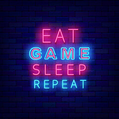 Fototapeta na wymiar Eat game sleep repeat neon signboard. Luminous typography on brick wall. Shiny banner. Vector stock illustration