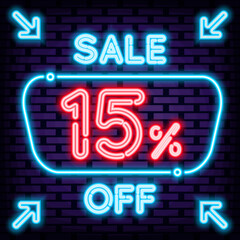 Sale 15% off Neon quote. Neon script. Announcement neon signboard. Trendy design elements. Vector Illustration