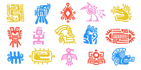 Mayan animal totem. Ancient maya aztec native mythology symbols, traditional old mexican indigenous ritual monster signs. Vector colorful set