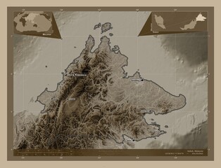 Sabah, Malaysia. Sepia. Labelled points of cities
