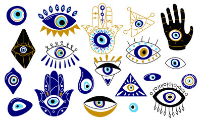 Doodle evil eye. Cartoon traditional Turkish luck amulets contemporary style, magic Hamsa hand talisman spiritual esoteric souvenirs. Vector set