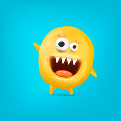 Vector cartoon funny yellow alien monster isolated on blue background. Smiling silly yellow monster print sticker design template. Cute Ghost, troll, gremlin, goblin, devil and halloween monster