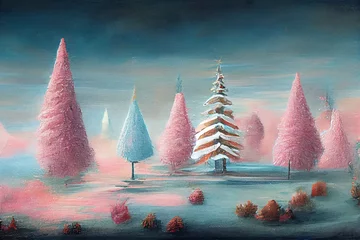 Fototapete Rund pastel  pink and blue   Christmas landscape , whimsical art, background, digital art, illustration © Coka