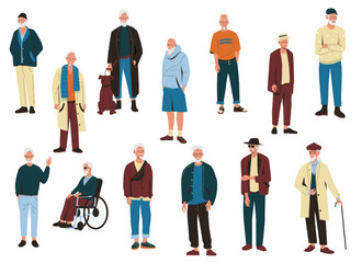 Old men. Elderly male characters in modern cartoon style, active happy retired people smiling grandpas in different poses. Vector isolated collection