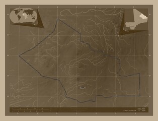 Kidal, Mali. Sepia. Labelled points of cities