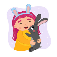 Vector cartoon illustration of a cute girl hugging her pet gray rabbit.

