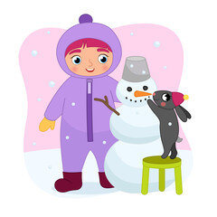 Vector cartoon illustration of a cute girl making a snowman together with a gray rabbit.
