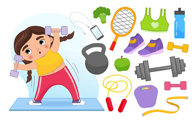 Vector set of fitness accessories. Cartoon illustration of a cute girl exercising with dumbbells.