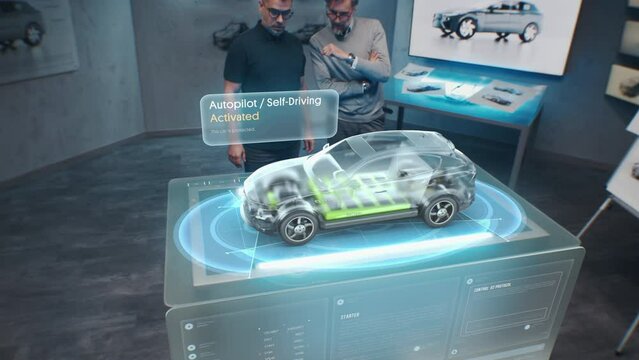 Development engineers are testing driverless autopilot system integrated into an electric car with AI artificial intelligence. They use innovative cutting edge 3D modeling technology of visualisation