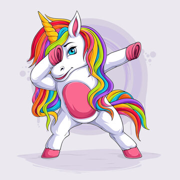 Hand drawn Cute Dabbing Unicorn, funny unicorn with blue eyes doing dabbing dance, Dabbing gesture
