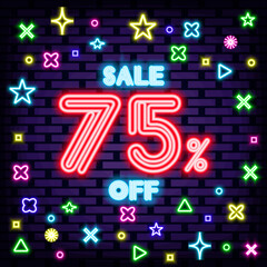 Sale 75% off Neon signboards. Neon script. Light banner. Isolated on black background. Vector Illustration