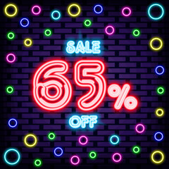 Sale 65% off Neon sign. Bright signboard. Light banner. Isolated on black background. Vector Illustration
