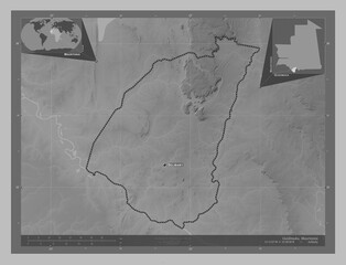 Guidimaka, Mauritania. Grayscale. Labelled points of cities
