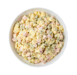 The traditional olivier salad is isolated on a white background. View from above.