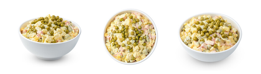 A portion of the traditional olivier salad is isolated on a white background. Set in different angles