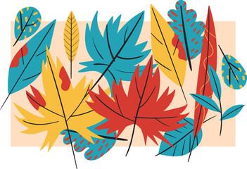 Fototapeta na wymiar Autumn leaf applique, vector flat illustration, punchy forms and colors that demand attention, seamless