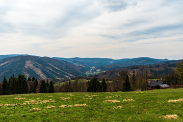 Lomna valley with hills around from Kamenite in Moravskoslezske Beskydy mountains in Czech republic