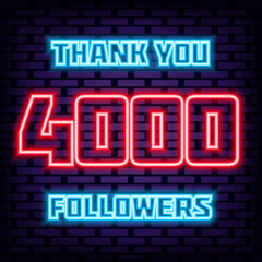 4000 Followers Thank you Neon Sign Vector. Glowing with colorful neon light. Night bright advertising. Isolated on black background. Vector Illustration