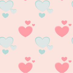 Blue and pink hearts form a pattern on a pinkish-orange background.
