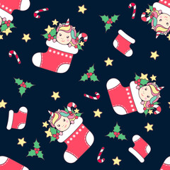 Christmas seamless pattern with cute unicorn in red sock, candy cane, holly and star on dark blue background.