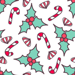Seamless Christmas pattern with holly berry and candy cane isolated on white background.