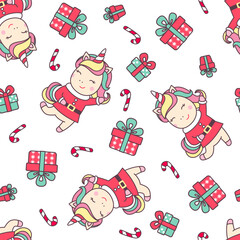 Christmas seamless pattern with cute unicorn in Santa Claus costume, candy cane and gifts isolated on white background.