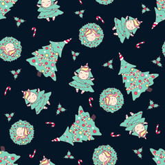 Christmas seamless pattern with cute unicorns, christmas tree, candy cane and holly on dark blue background.