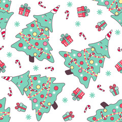 Christmas seamless pattern with cute christmas trees, candy canes and gifts isolated on white background.