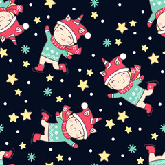 Christmas seamless pattern with cute unicorn ice skating, stars and snowflakes on black background.