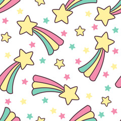 Seamless pattern with funny comets and stars isolated on white background.