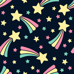Seamless pattern with funny comets and stars isolated on dark blue background.