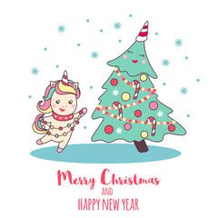 Greeting card with cute Unicorn and Christmas tree with snowflakes for holiday design.