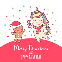 Greeting holiday card with cute Unicorn and gingerbread man for Merry Christmas and New Year.