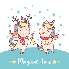 Greeting holiday card with cute Unicorns in winter with snowflakes for Merry Christmas and New Year.