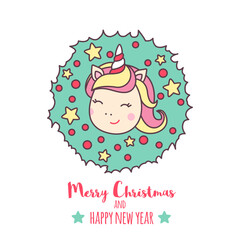 Greeting holiday card with cute Unicorn head with Christmas wreath for Merry Christmas and New Year.