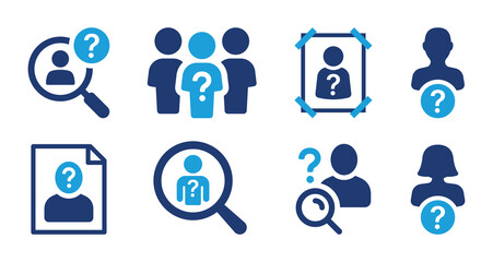 Unknown icon set. Incognito, missing person, wanted poster, lost anonymous icons. Solid icon collection.