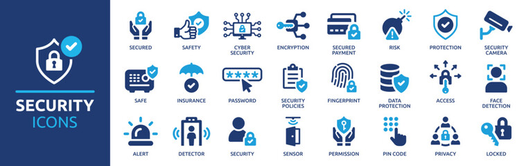 Fototapeta Security icon set. Containing secured payment, encryption, safety, insurance, data protection, detector, sensor, locked, password and cybersecurity icon. Solid icon collection. obraz