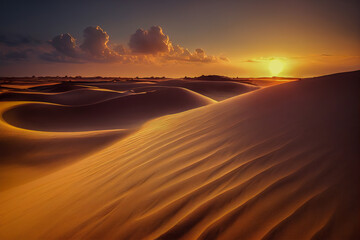 Fototapeta na wymiar Panorama banner of sand dunes Sahara Desert at sunset. Endless dunes of yellow sand. Desert landscape Waves sand nature. 