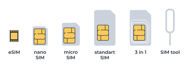 Set of different SIM cards. Simple icons of sim cards and sim tool isolated. - obrazy, fototapety, plakaty