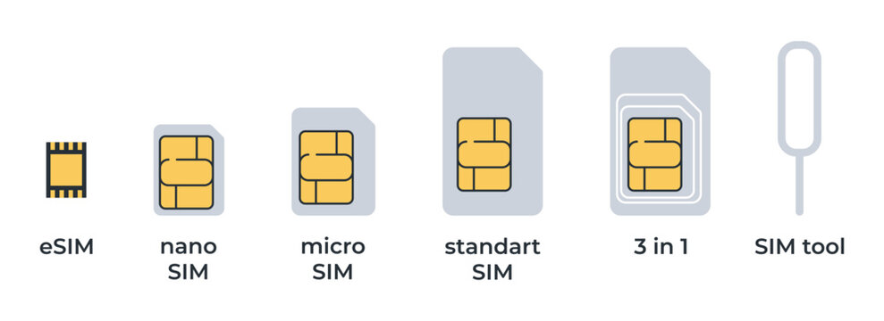 Set of different SIM cards. Simple icons of sim cards and sim tool isolated.