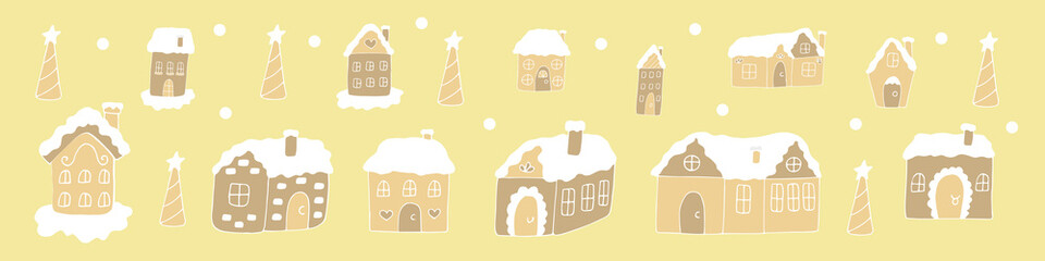 Background gingerbread houses vector illustration, hand drawing
