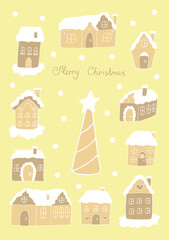Christmas card gingerbread houses vector illustration, hand drawing