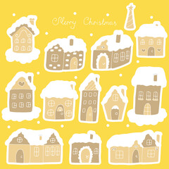 Sticker set gingerbread houses vector illustration, hand drawing