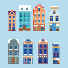 Isolated icon set of city buildings of different heights, residential buildings, flat style vector illustration.