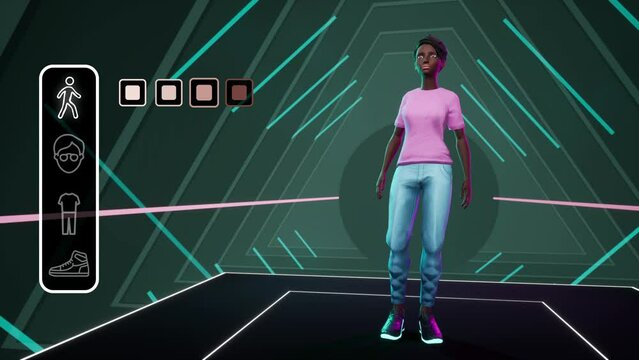 Character customisation in metaverse. Game character constructor. Virtual wardrobe and make-up. NFT female 3d avatar customiser. Choosing colors of eyes, lips, makeup, hair style, clothes.