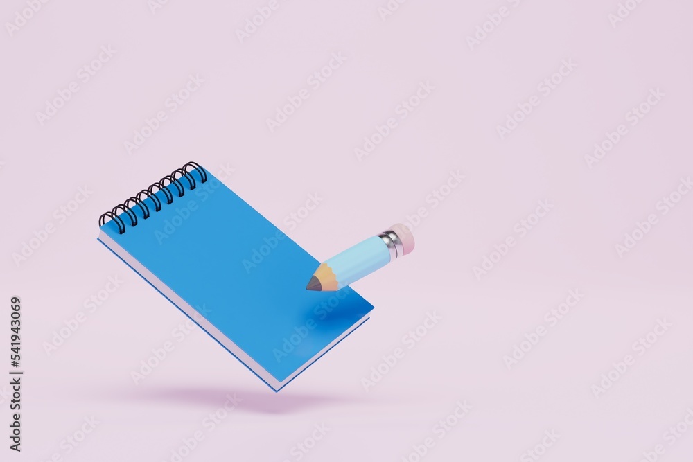 Poster learning concept. a blue notebook and pencil on a pastel background. copy paste, copy space. 3d rend
