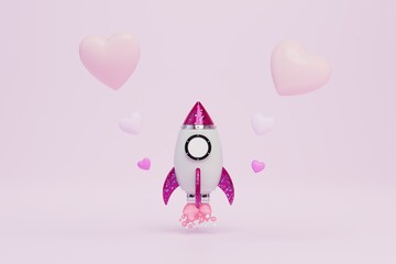 the concept of quick love. rocket and pink hearts on a pastel background. 3D render