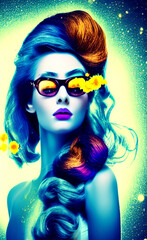 Obraz premium Portrait of a girl with creative makeup and hairstyle. Illustration. Created with the help of artificial intelligence